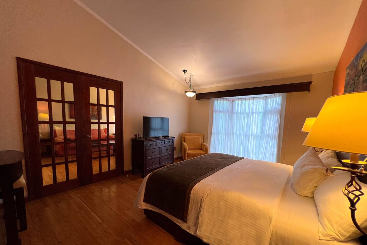 Una camera da letto con un letto, una cassettiera, una televisione e una sedia.