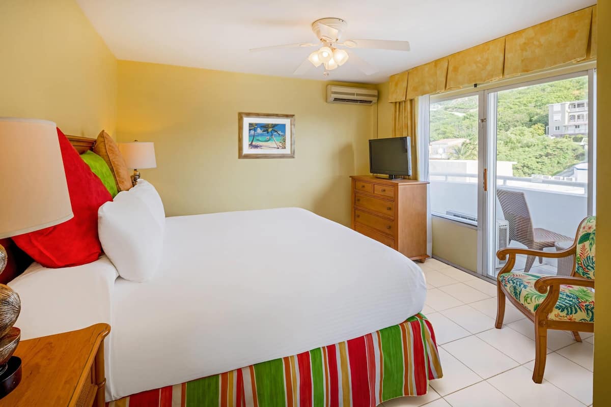 Habitación de hotel con cama, televisor, sillón y balcón con vistas a la vegetación.