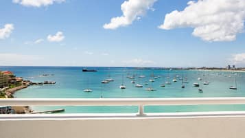 Vista costera con un puerto deportivo lleno de barcos, cielo despejado y un paisaje urbano distante.