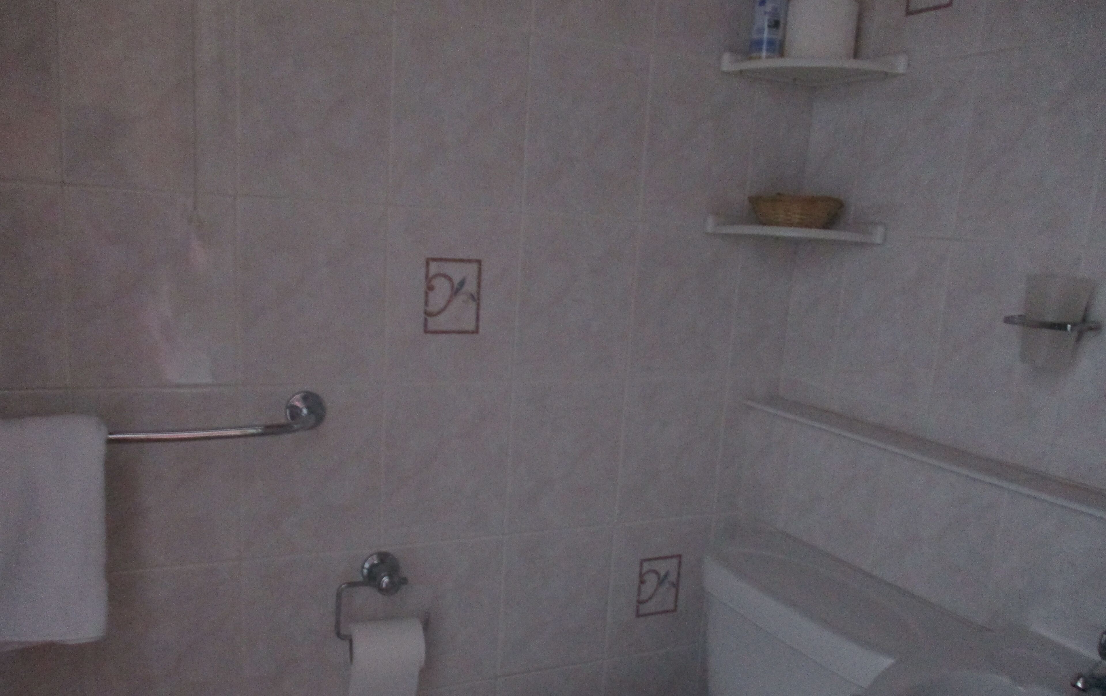 Une salle de bain équipée de toilettes, d’un porte-serviettes et d’une étagère contenant des articles de toilette.