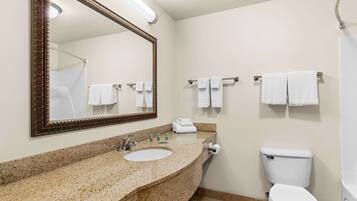 Combined shower/tub, free toiletries, hair dryer, towels