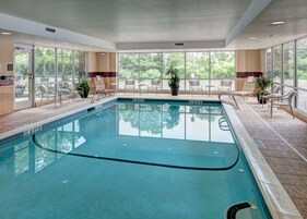 Una piscina interior con paredes de vidrio transparente, suelo de baldosas y vistas a árboles.