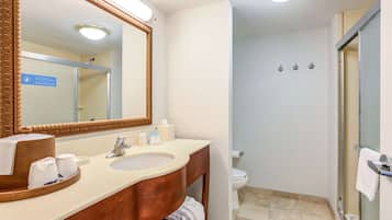 A bathroom with a large mirror, a sink, a toilet, and a shower area.