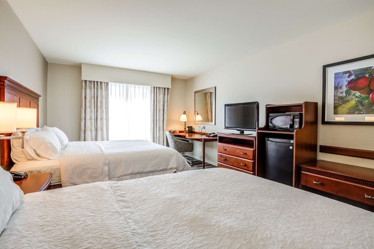Een hotelkamer met twee bedden, een bureau met een computer en een televisie, een magnetron en een lijst aan de muur.