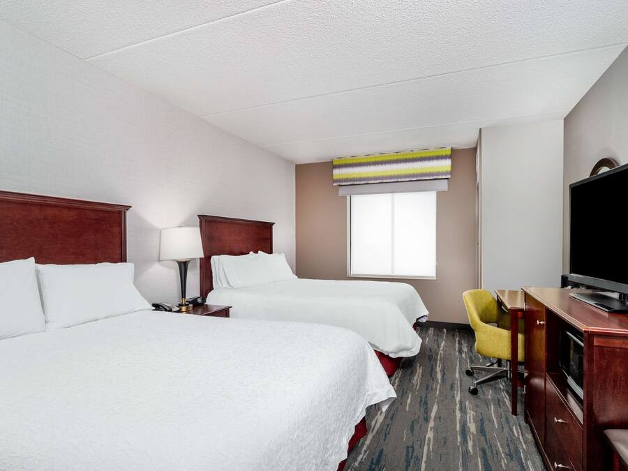 A hotel room with two beds, a TV, a desk, and a chair.