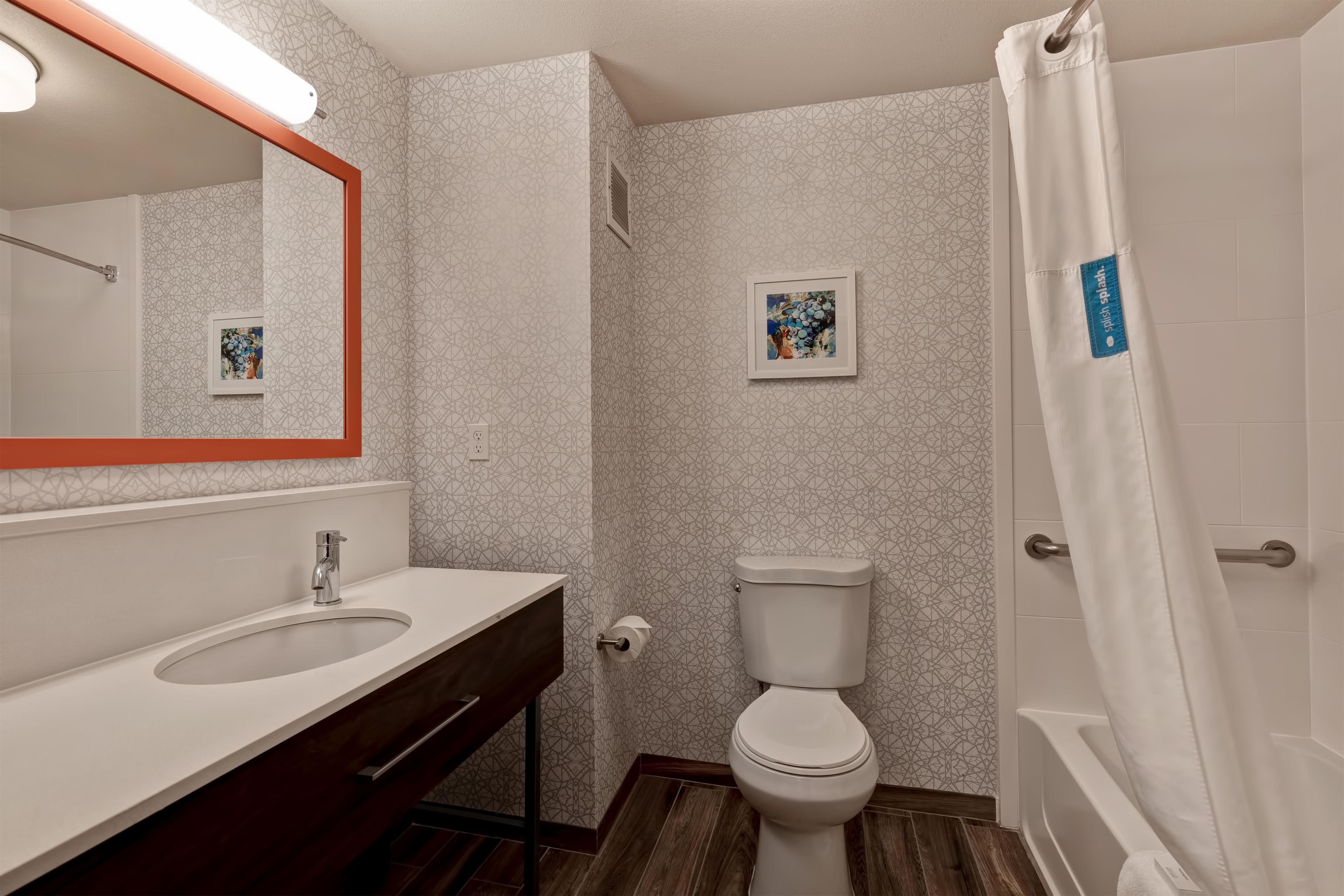 A bathroom with a sink, toilet, and shower. There is a mirror above the sink and a framed picture on the wall.
