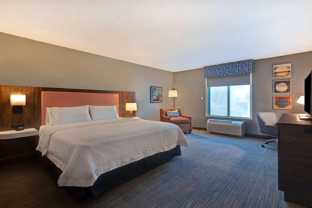 A hotel room with a large bed, a desk, a chair, a window with a view, and a wall-mounted heater.