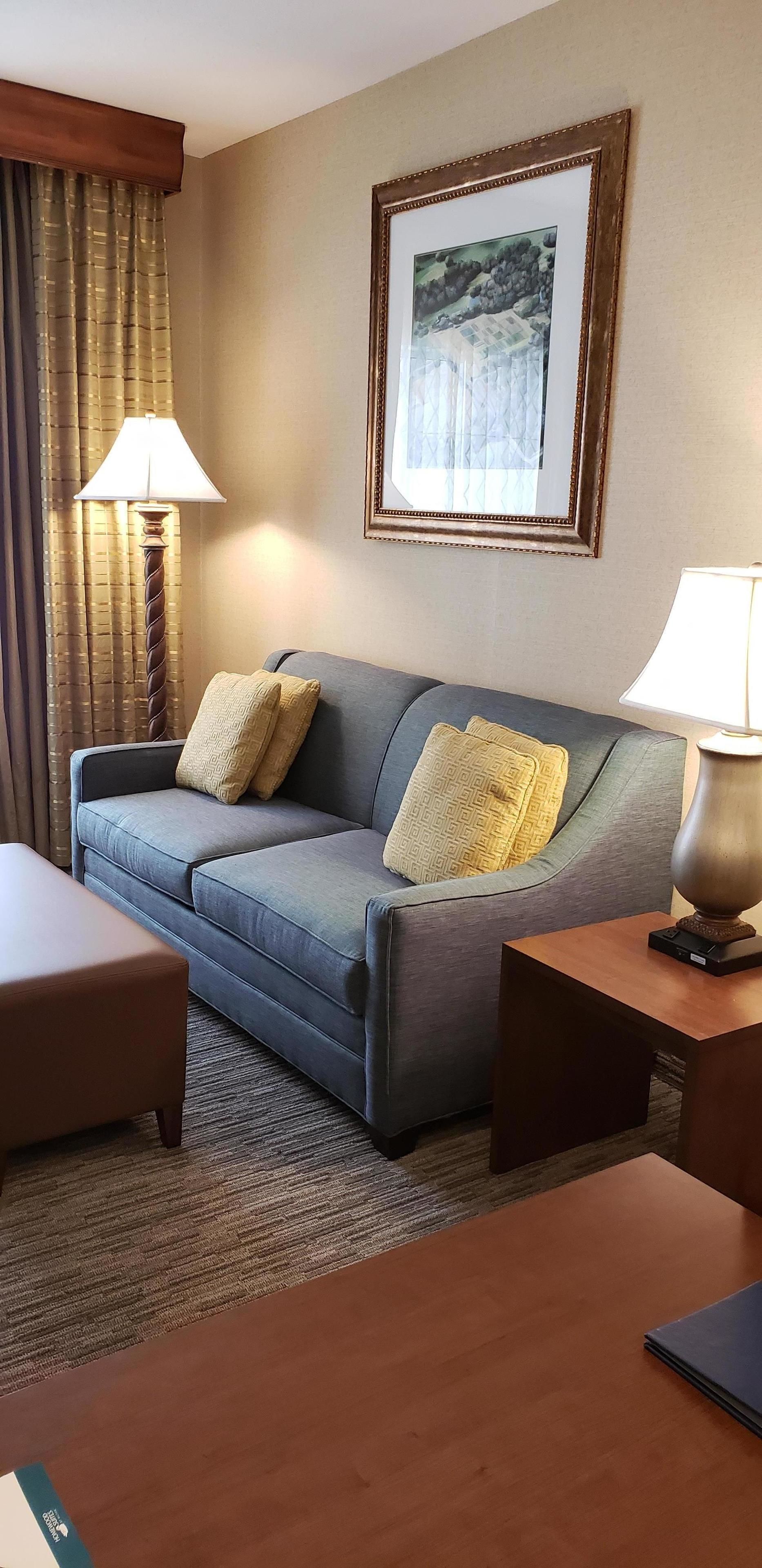Habitación de hotel con un sofá gris, dos almohadas amarillas, un cuadro en la pared y dos lámparas.