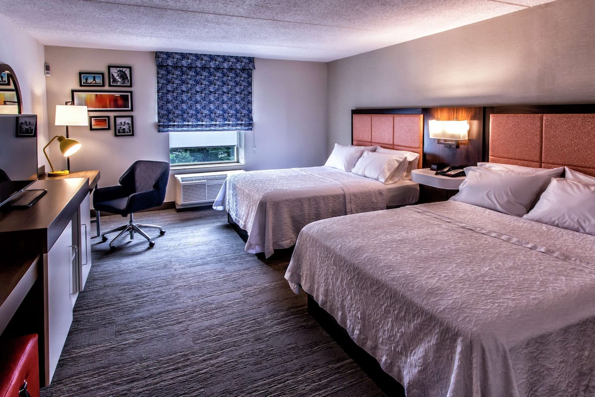 A hotel room with two beds, a desk, a chair, a lamp, and a window with a view.