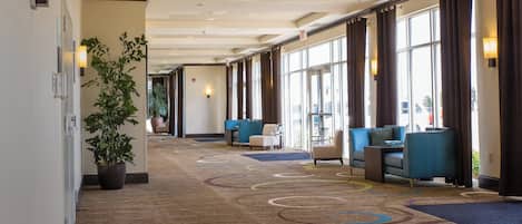A hotel corridor with seating areas, a large potted plant, and a patterned carpet.