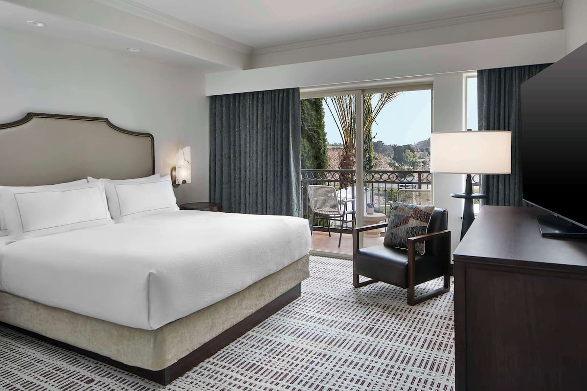 A hotel room with a large bed, a desk, a chair, and a view of the outdoors.