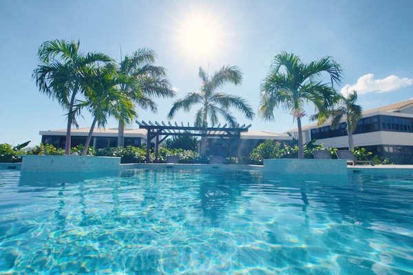 Outdoor pool, pool umbrellas, pool loungers