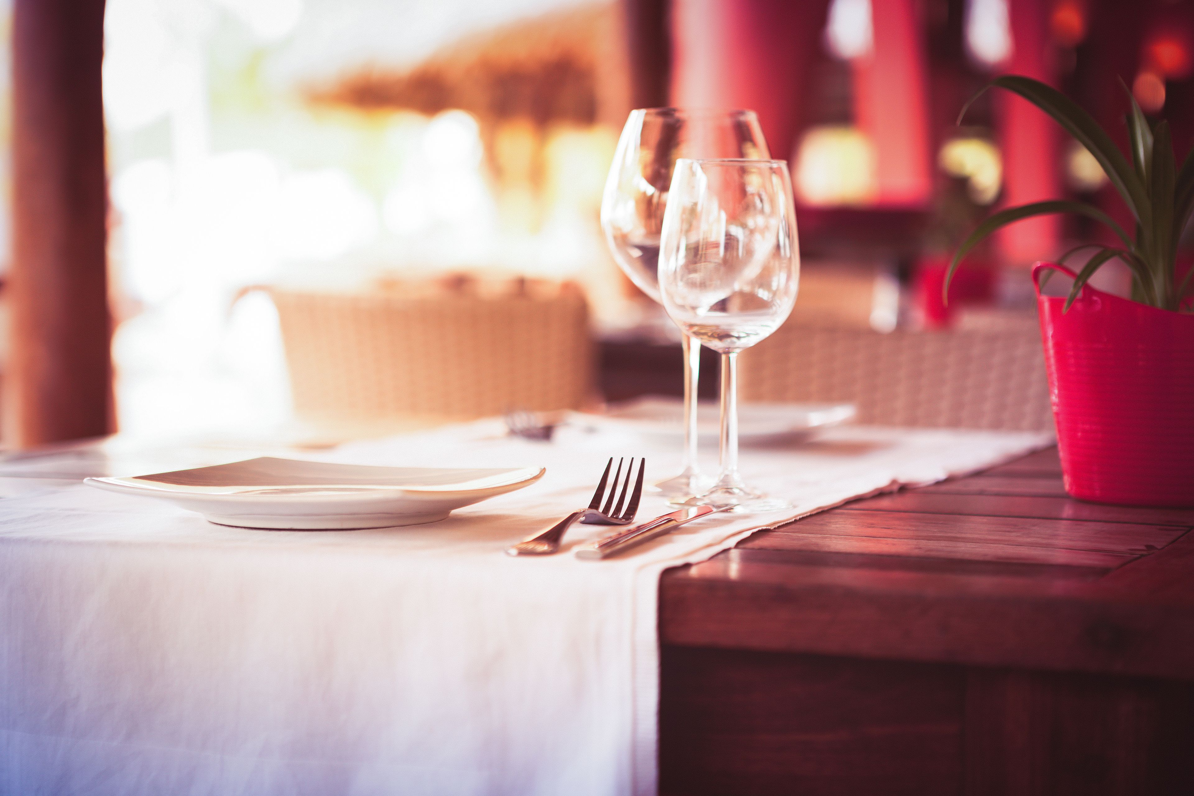 Une table à manger dressée avec une assiette, une fourchette, un couteau et un verre à vin, avec un seau rouge et une plante en arrière-plan.