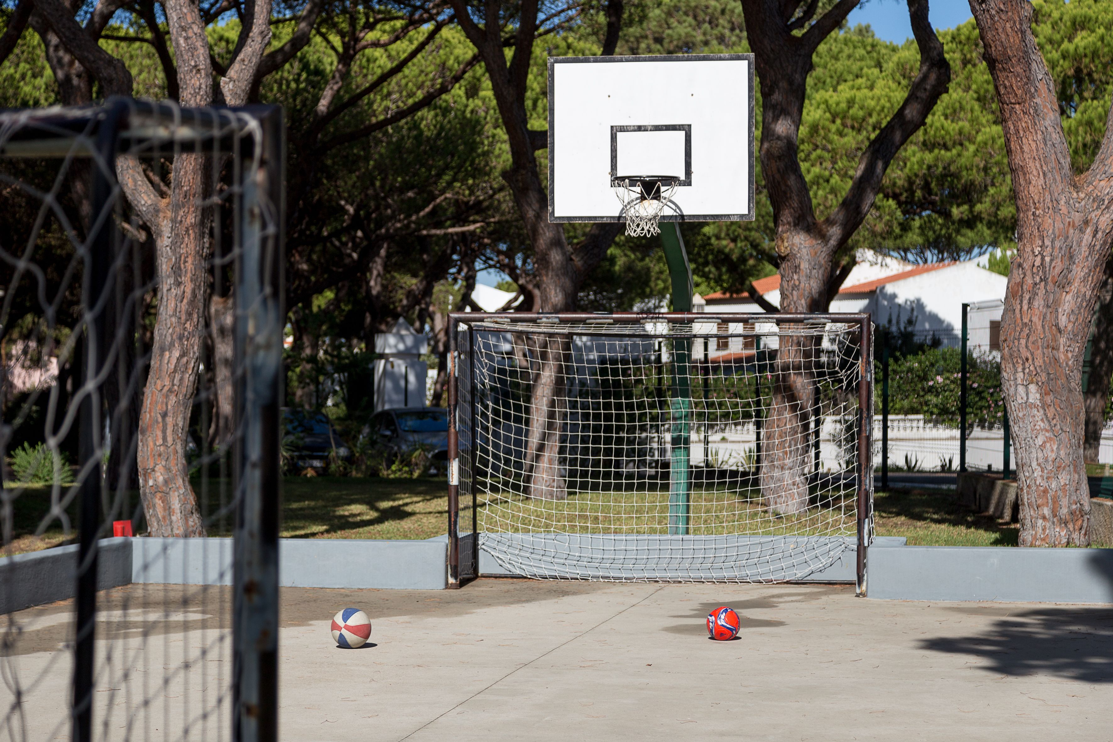 A basketball court with a net, two soccer balls, and trees in the background.