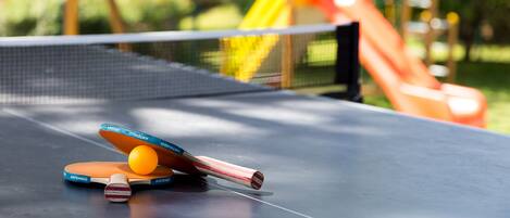 A table tennis table with a net, a paddle, and a ball.