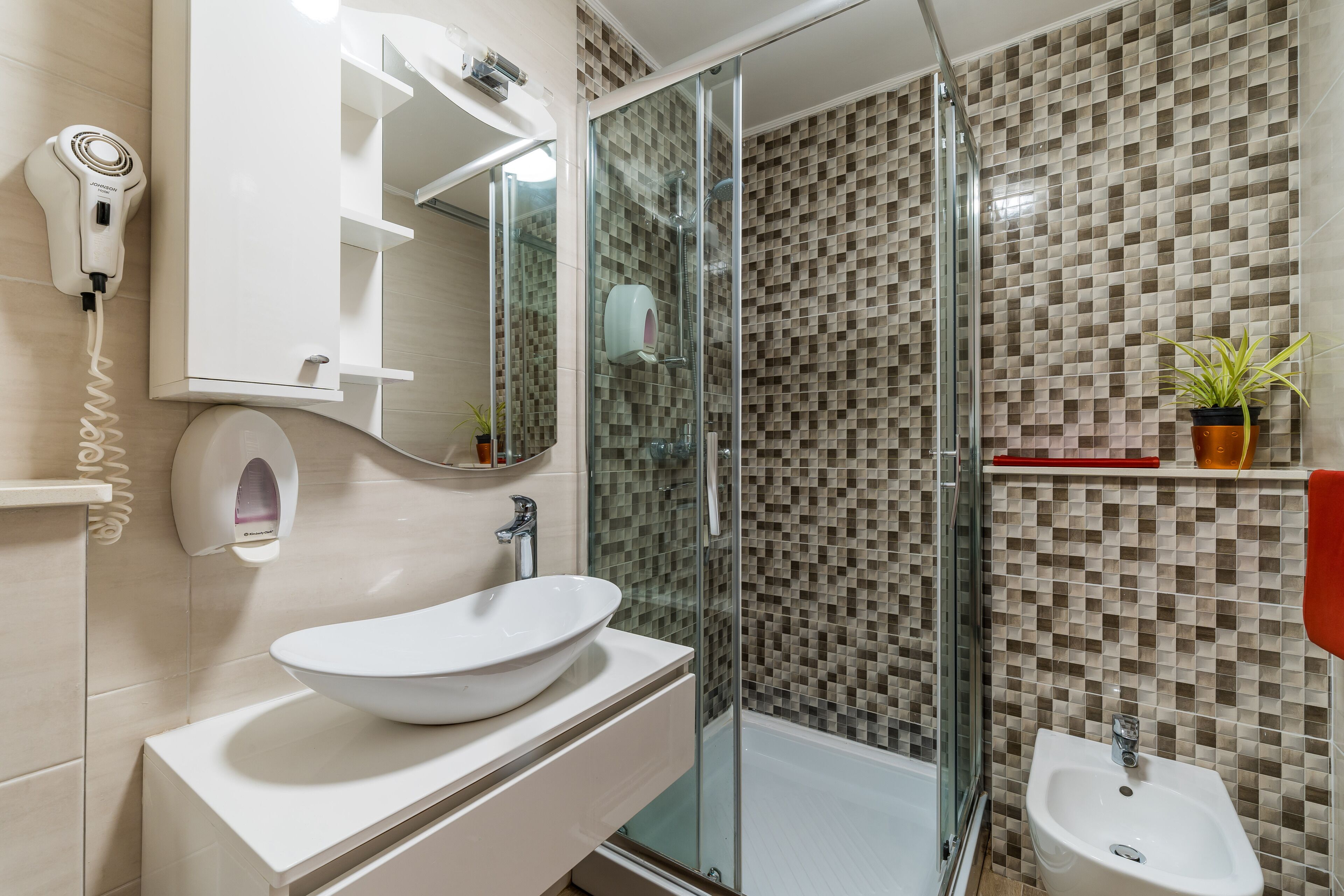 A modern bathroom with a glass shower enclosure, a white sink, and a bidet.