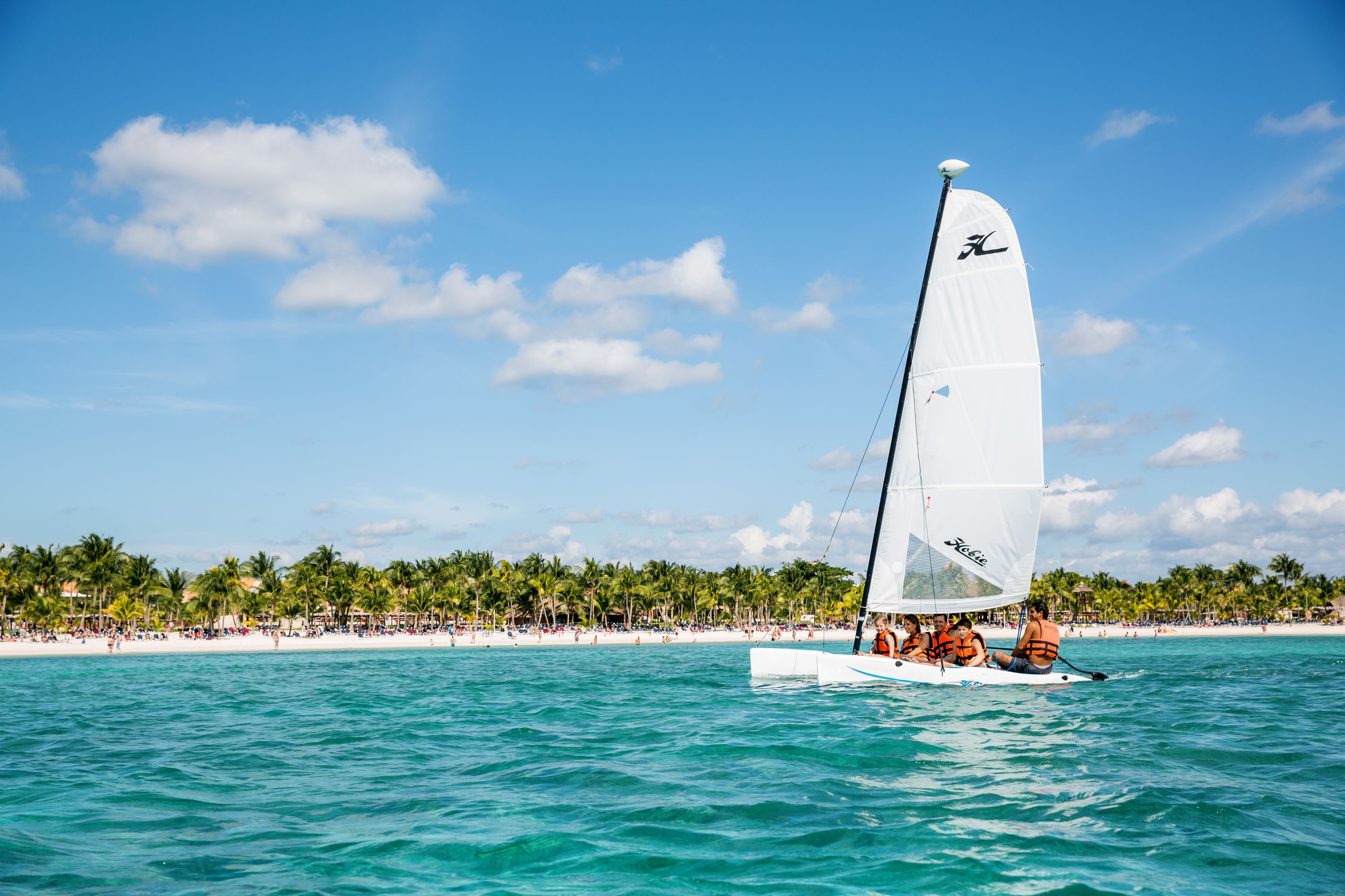 A sailboat with passengers on a clear day, surrounded by a beach with palm trees and a clear sky.