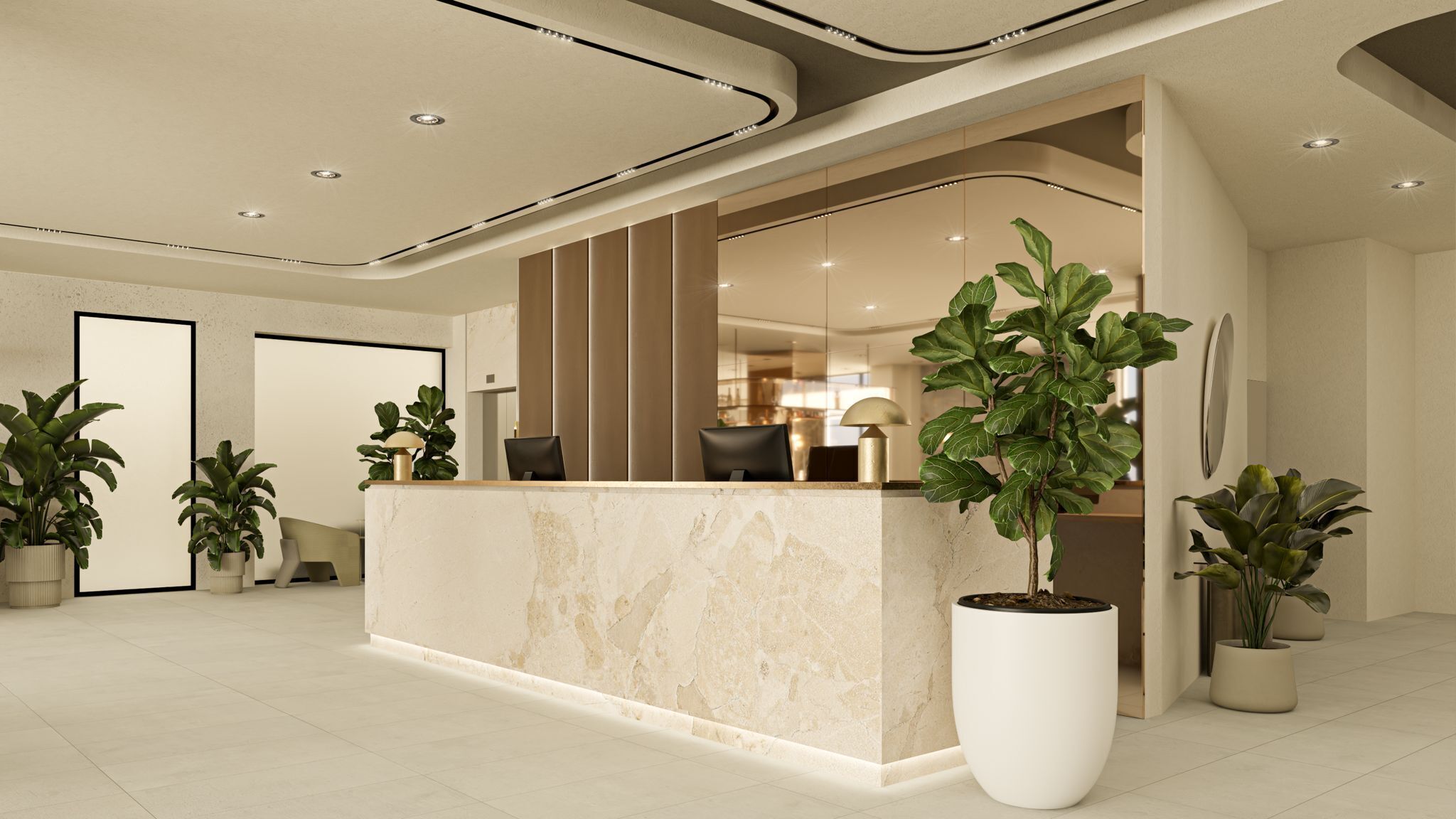 A modern reception area with a marble counter, large potted plants, and a seating area with chairs.
