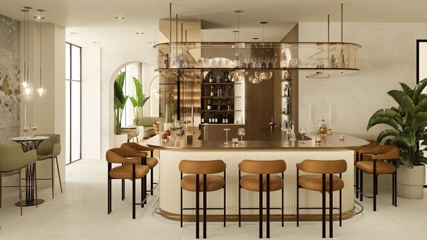 Zona de bar moderna con una isla central, taburetes y una estantería para vinos.