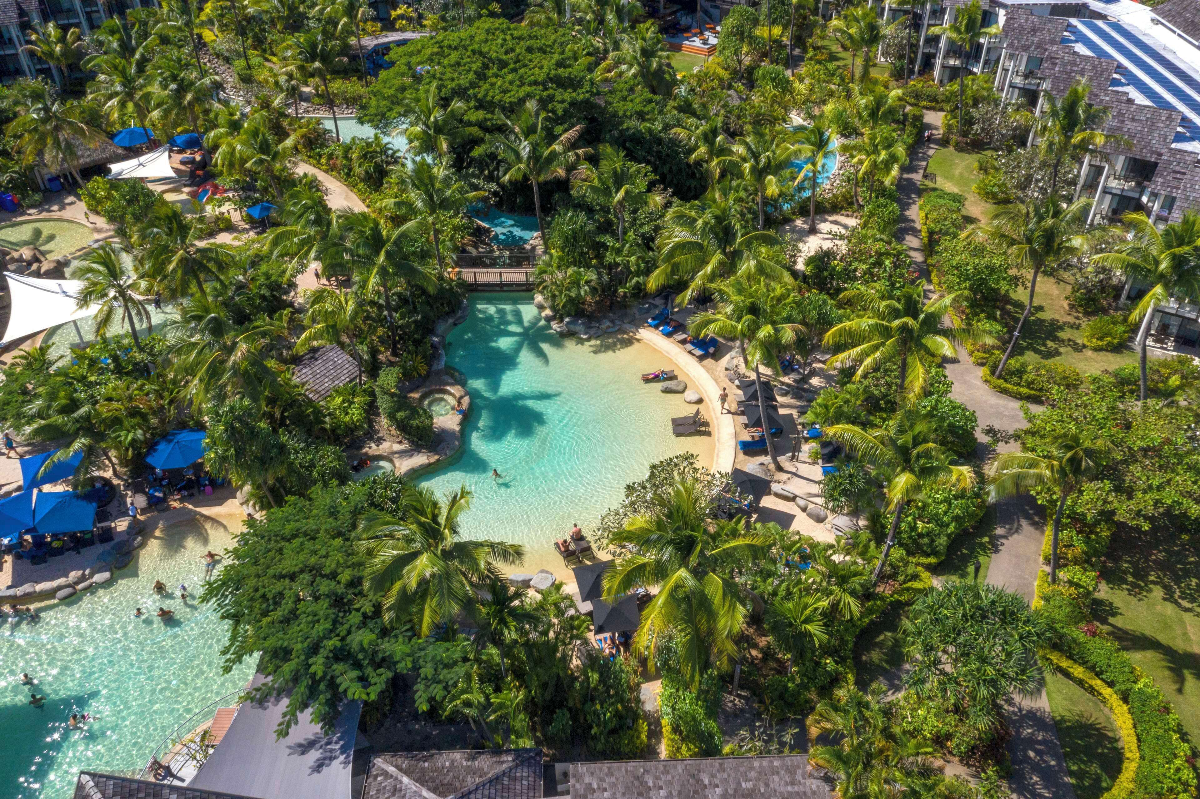 An aerial view of a resort with a central pool surrounded by palm trees, a beach area, and multiple lounge chairs.