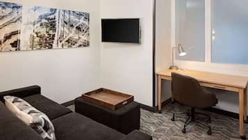 Premium bedding, pillow-top beds, desk, laptop workspace