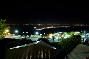 A nighttime view of a coastal city with illuminated streets and buildings, a bridge, and a clear view of the sea.