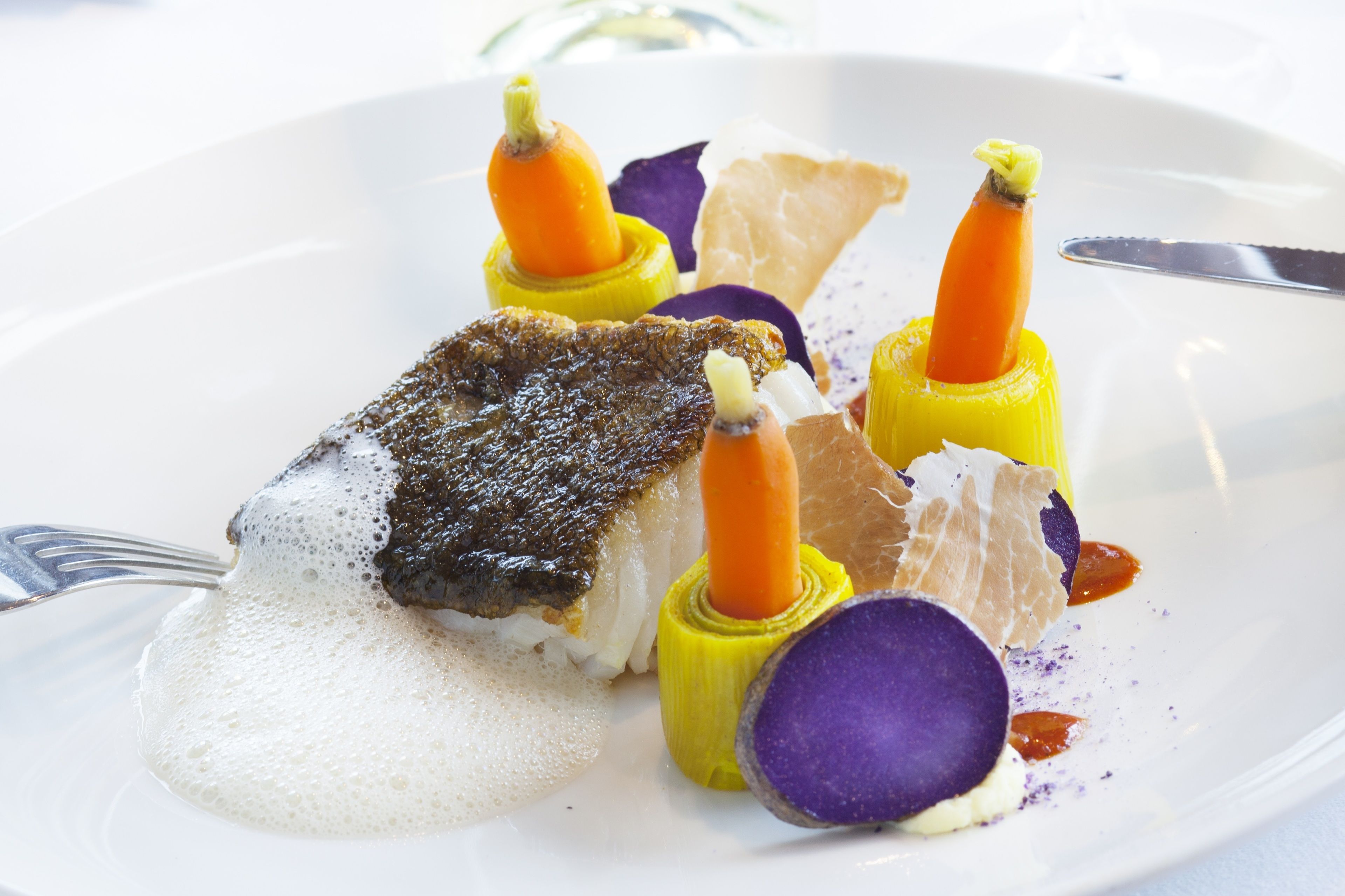 Ein weißer Teller mit Fisch, einer Karotte und violettem Gemüse.