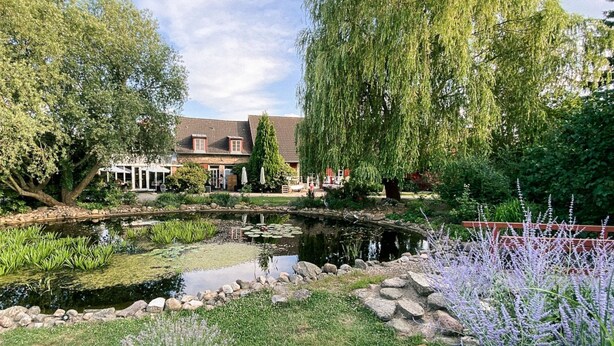 A serene garden with a pond, a wooden deck, and a house with a tiled roof. - Landhaus Alte Schmiede (Niemegk)