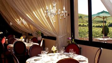A restaurant with a view of a vineyard, elegant table settings, and a chandelier.