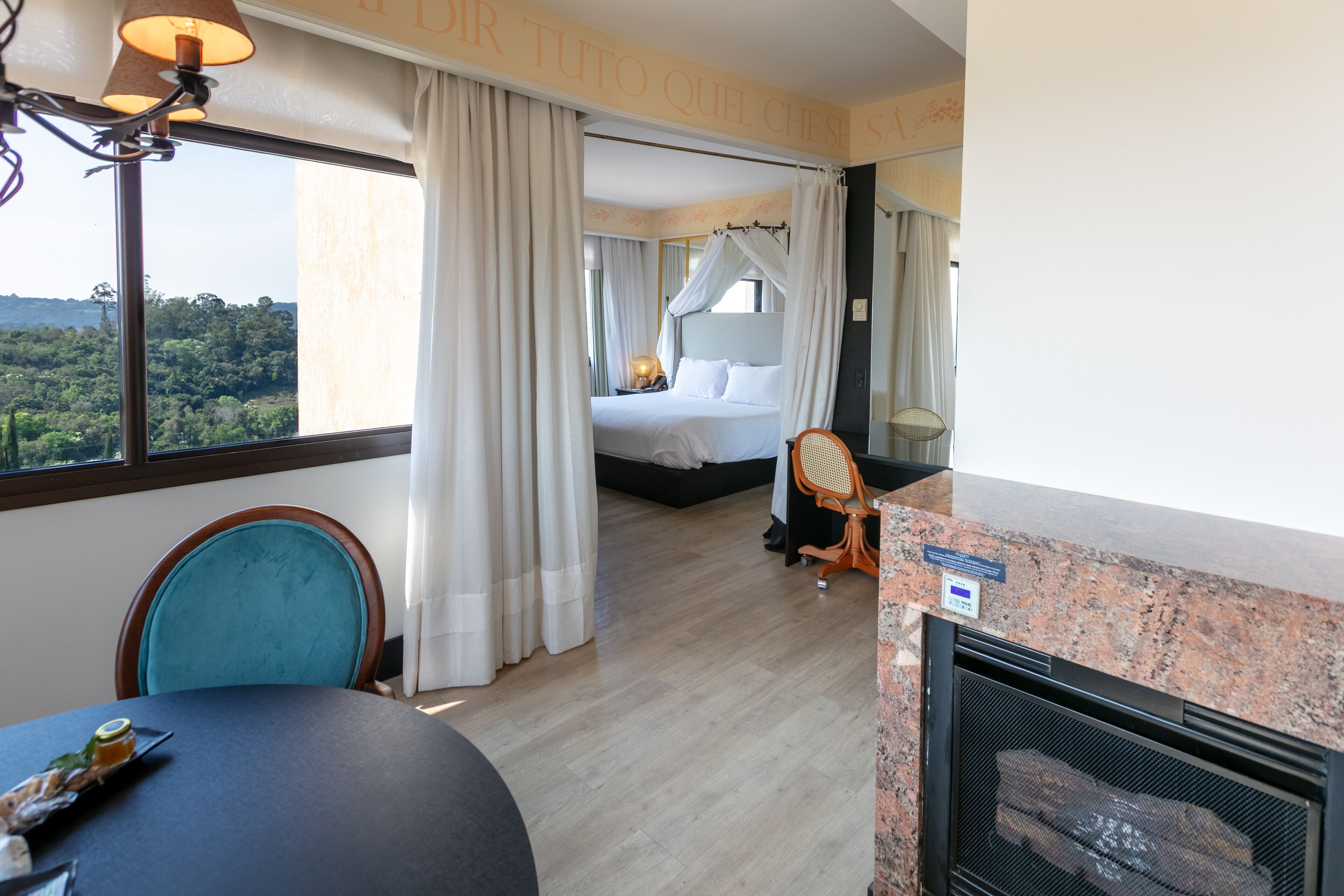 A hotel room with a bed, a desk, a chair, a view of the outdoors, and a fireplace.