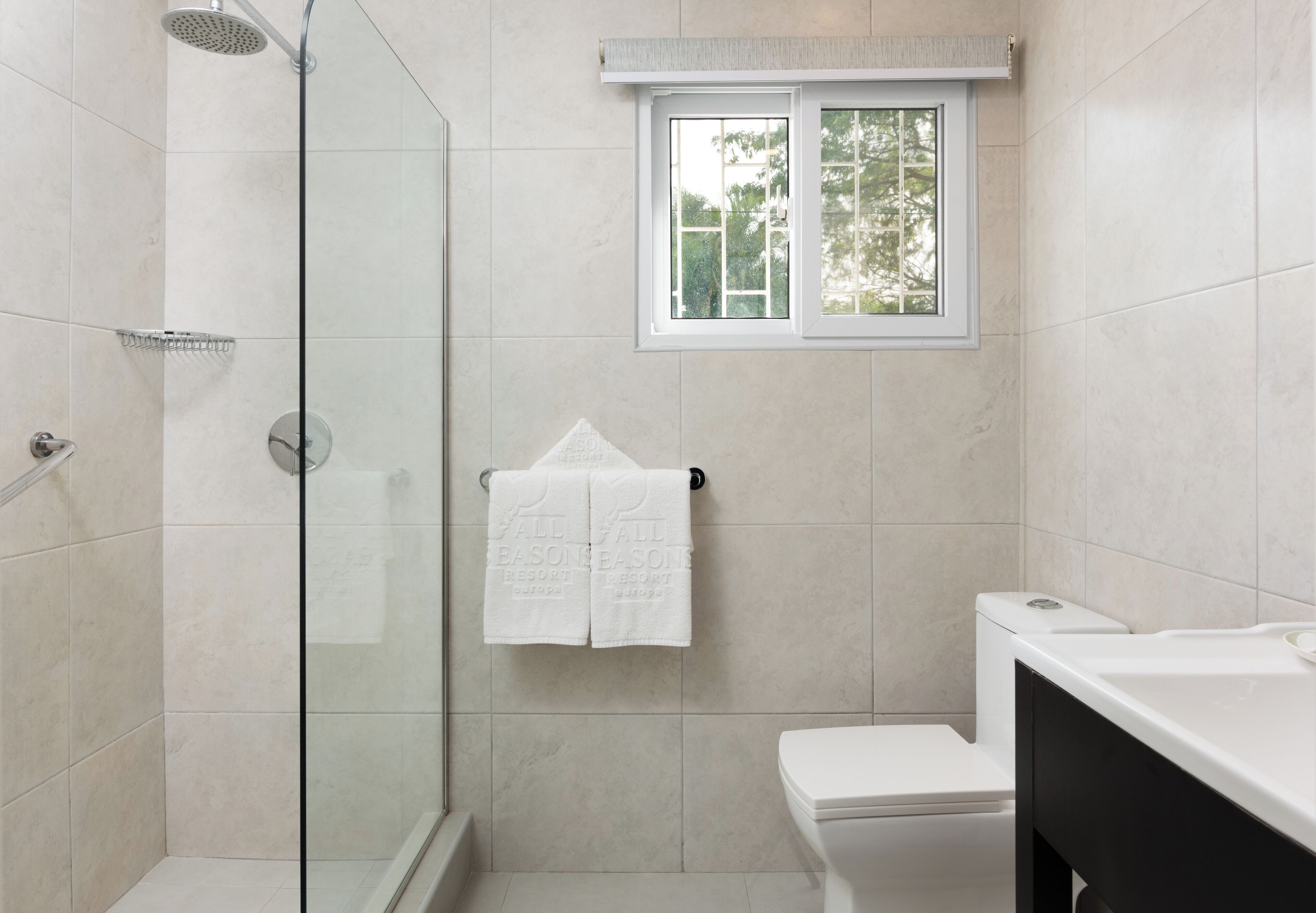 Een badkamer met een douchecabine van glas, een toilet en een raam boven de wastafel.