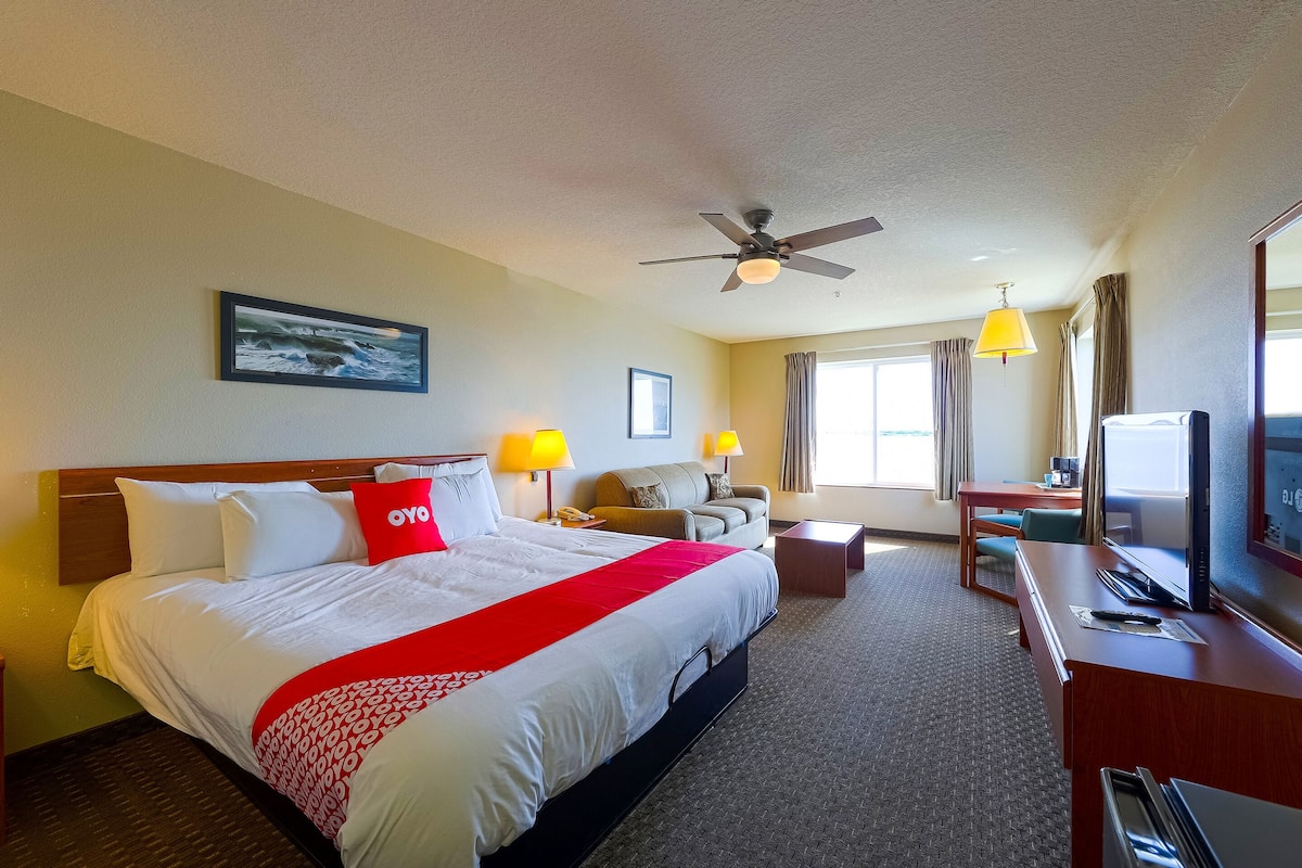 A hotel room with a large bed, a desk, a TV, a ceiling fan, and a window with curtains.