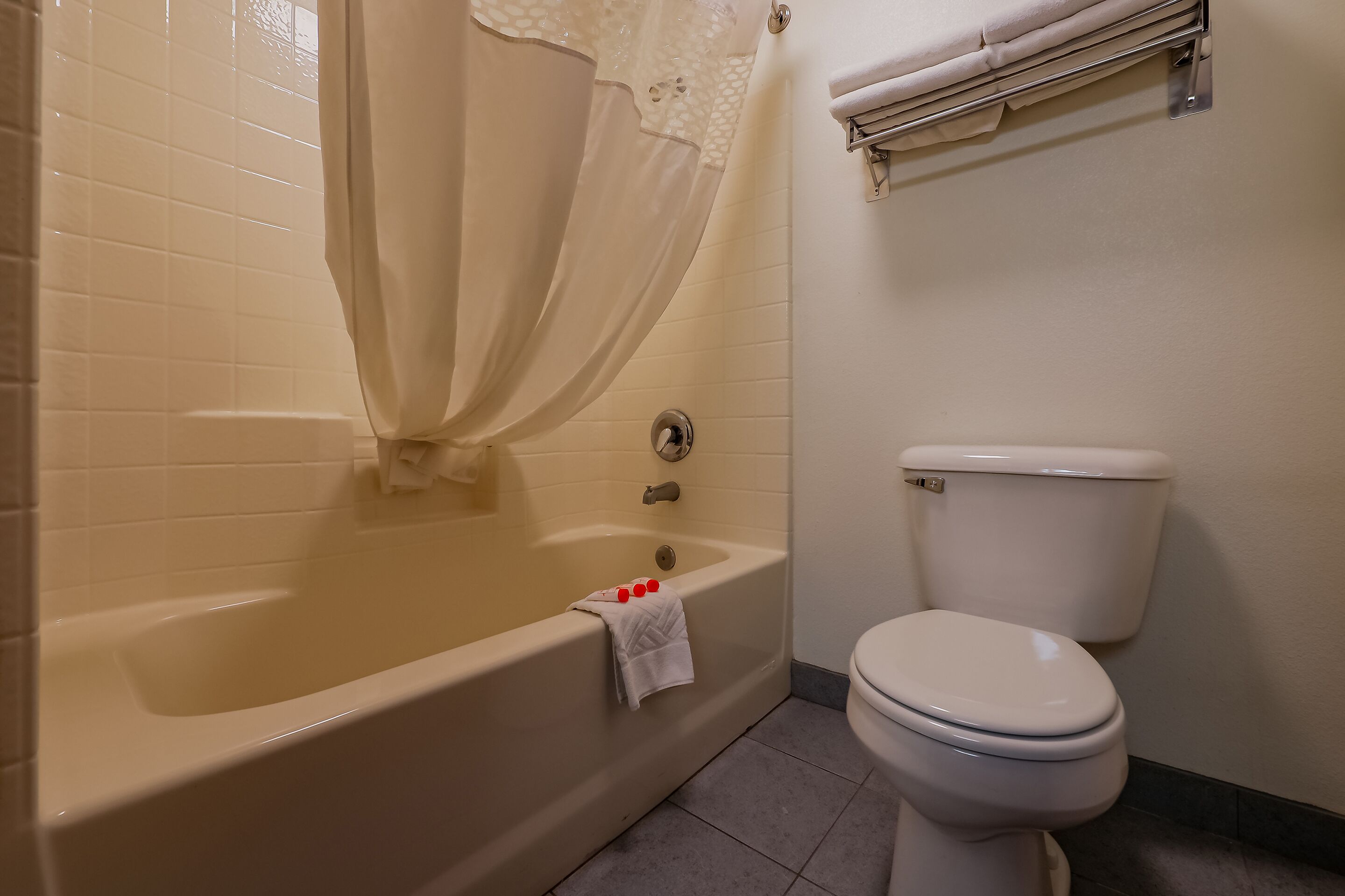 Une salle de bain avec une baignoire, des toilettes et un porte-serviettes.