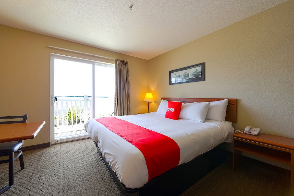A hotel room with a bed, a desk, a chair, a nightstand, a lamp, and a window with a view of greenery.