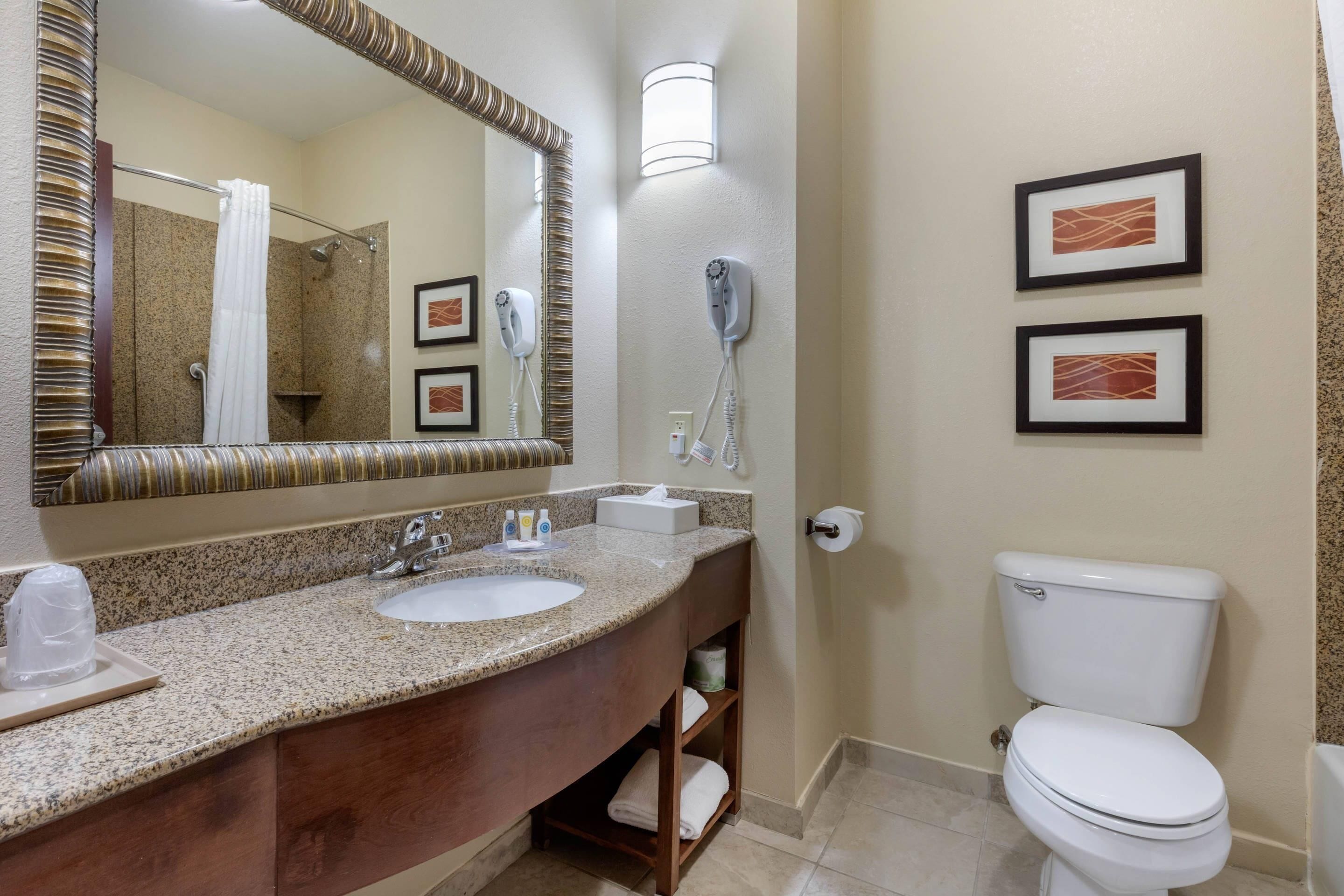 A bathroom with a granite countertop sink, a mirror with a striped frame, a hairdryer, framed pictures on the wall, and a white toilet.