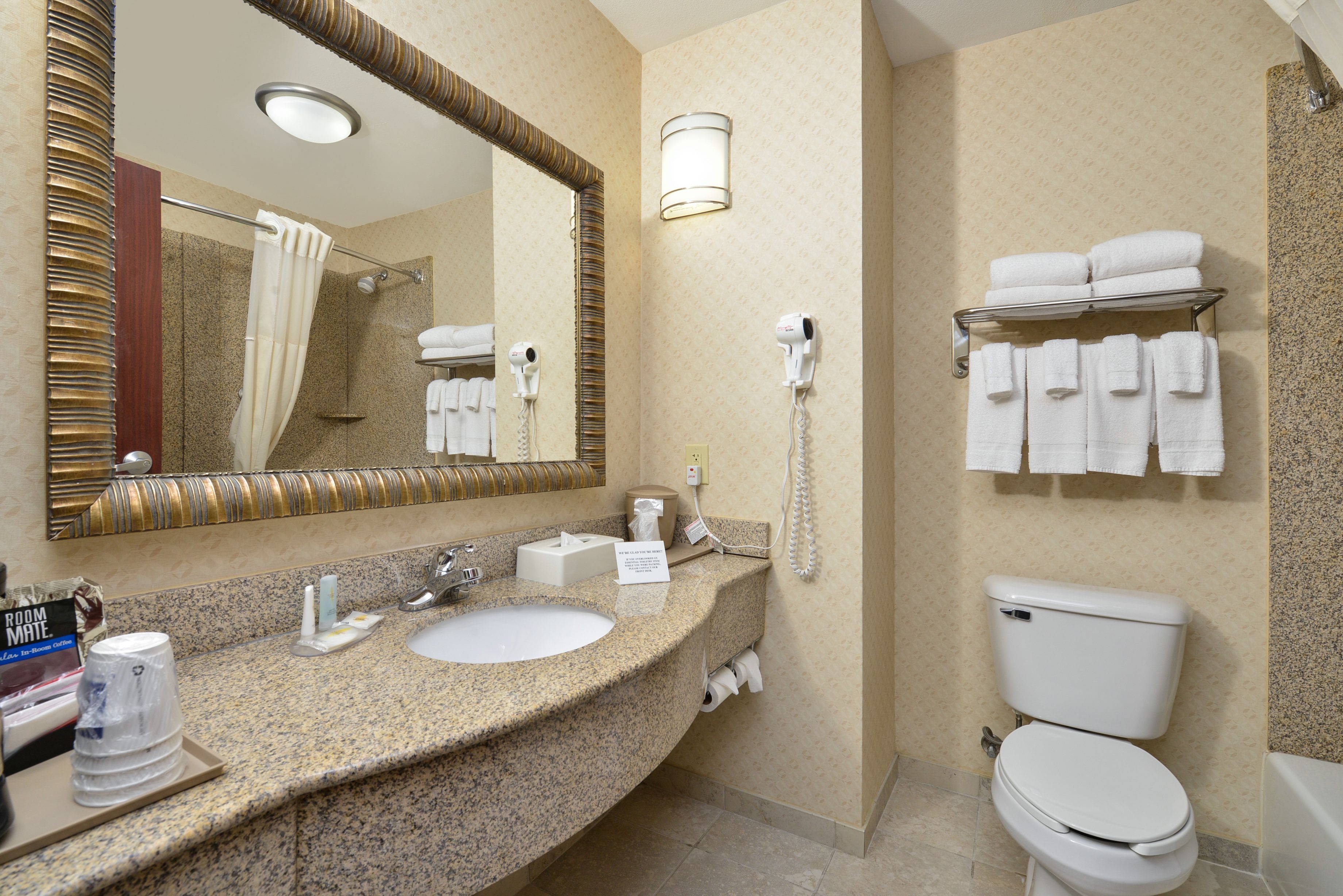 bathtub, hair dryer, towels