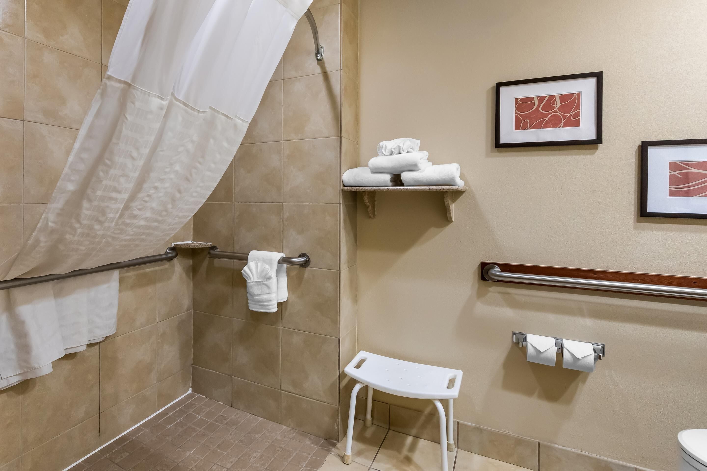 A bathroom with a shower, a small white stool, a towel rack, and two framed pictures on the wall.