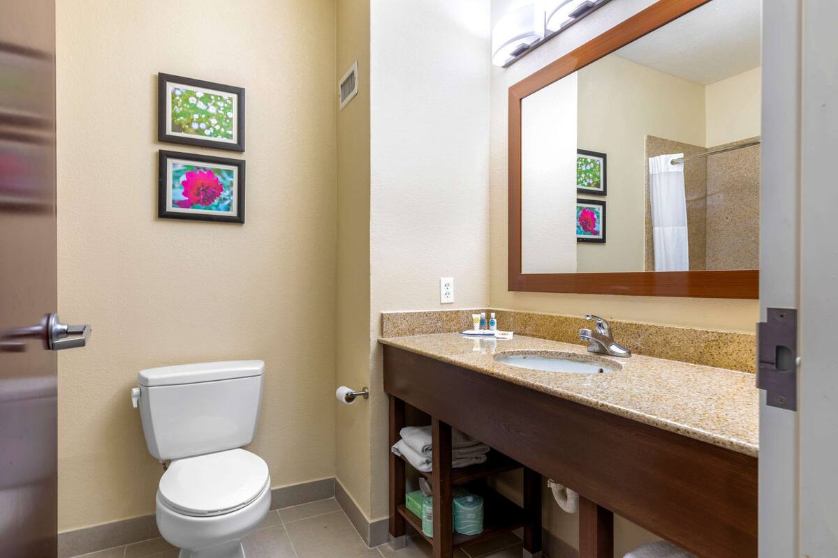 Ein Badezimmer mit Toilette, Waschbecken und Spiegel. An der Wand hängen zwei Bilder in Rahmen.