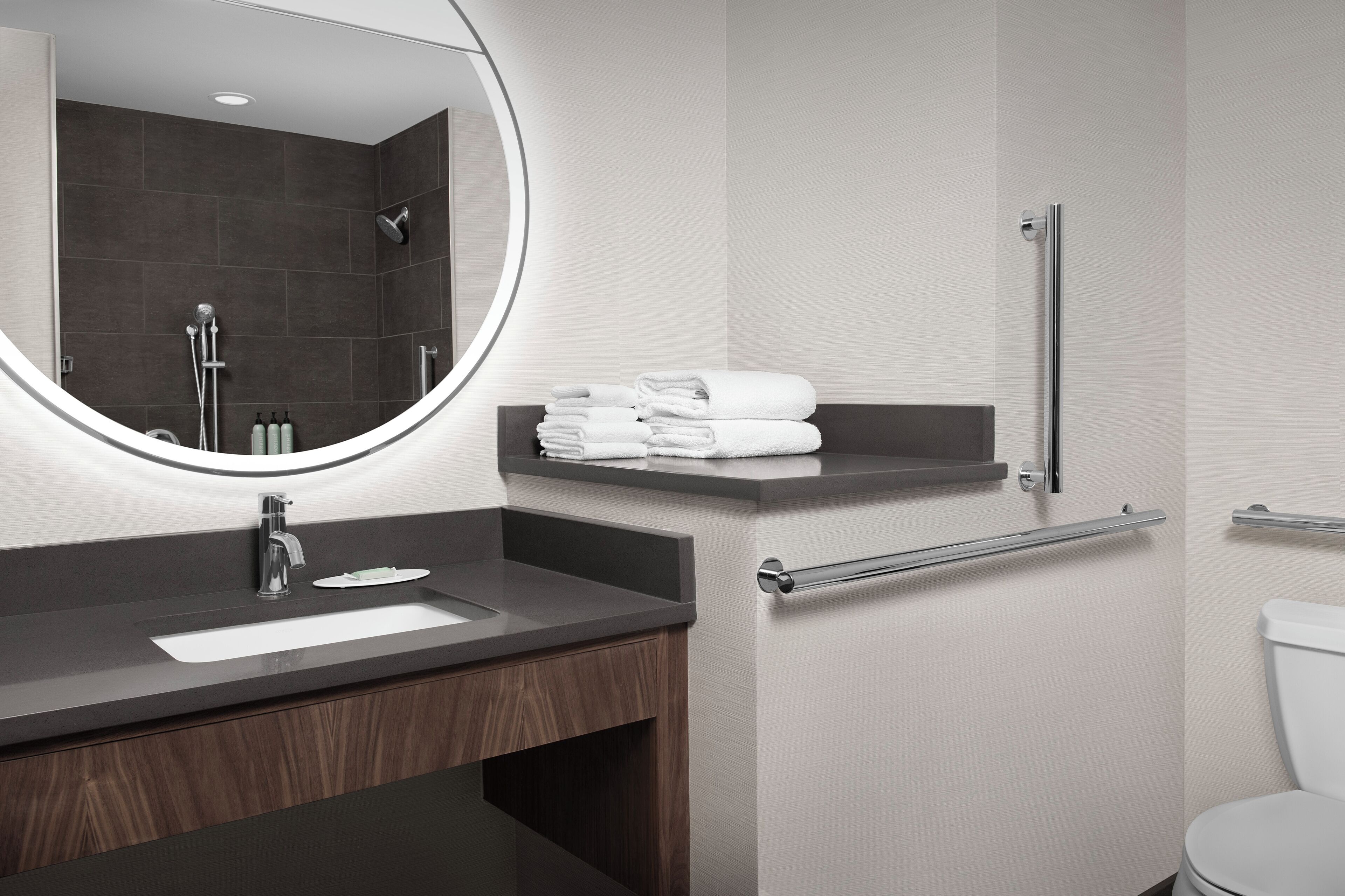 room, 2 queen beds (mobility/hearing access, roll-in shwr) | bathroom | designer toiletries, hair dryer, towels