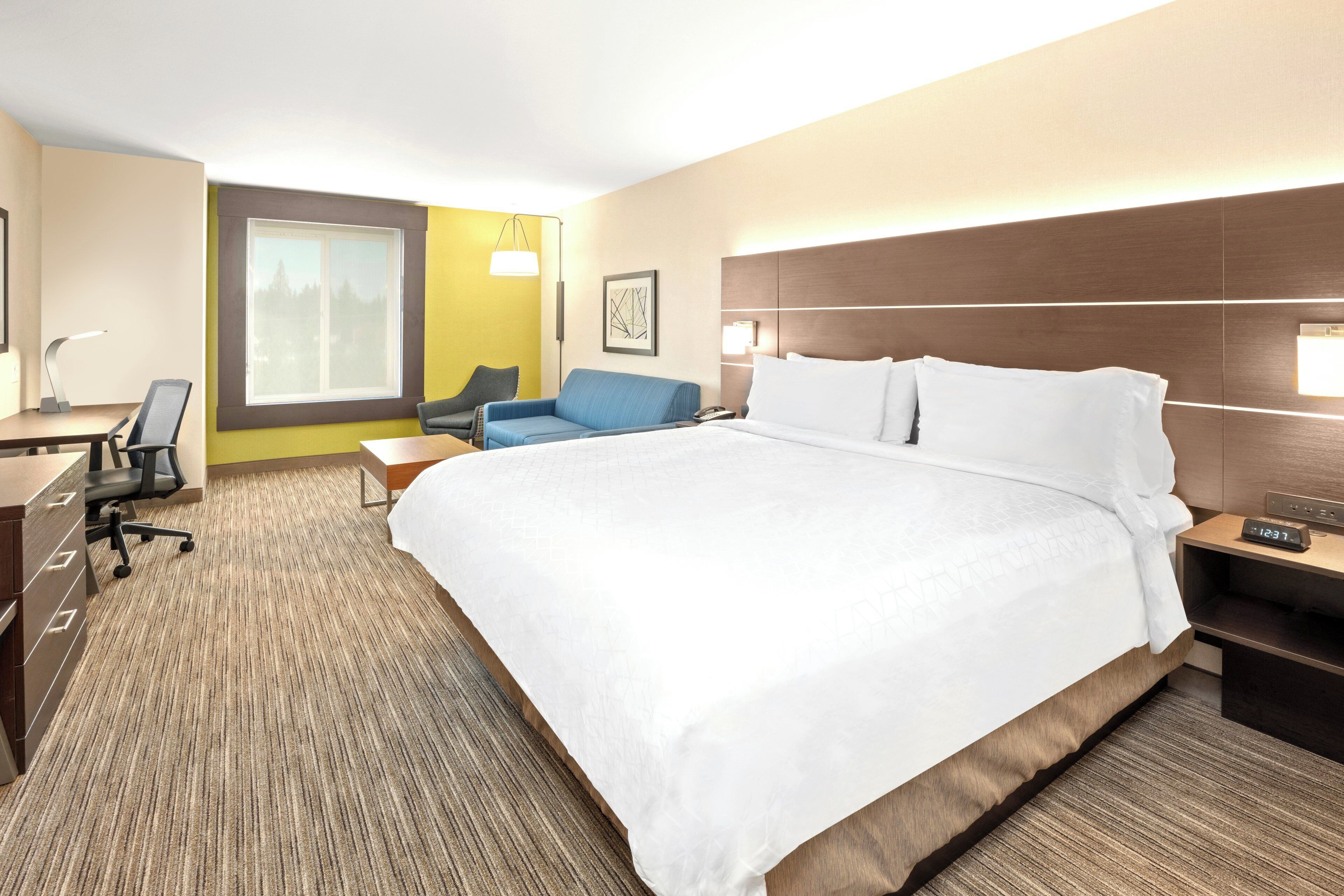 Una habitación de hotel con una cama grande, un escritorio, una silla y un sofá.