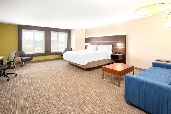 A hotel room with a bed, a desk, a chair, a sofa, and a window.