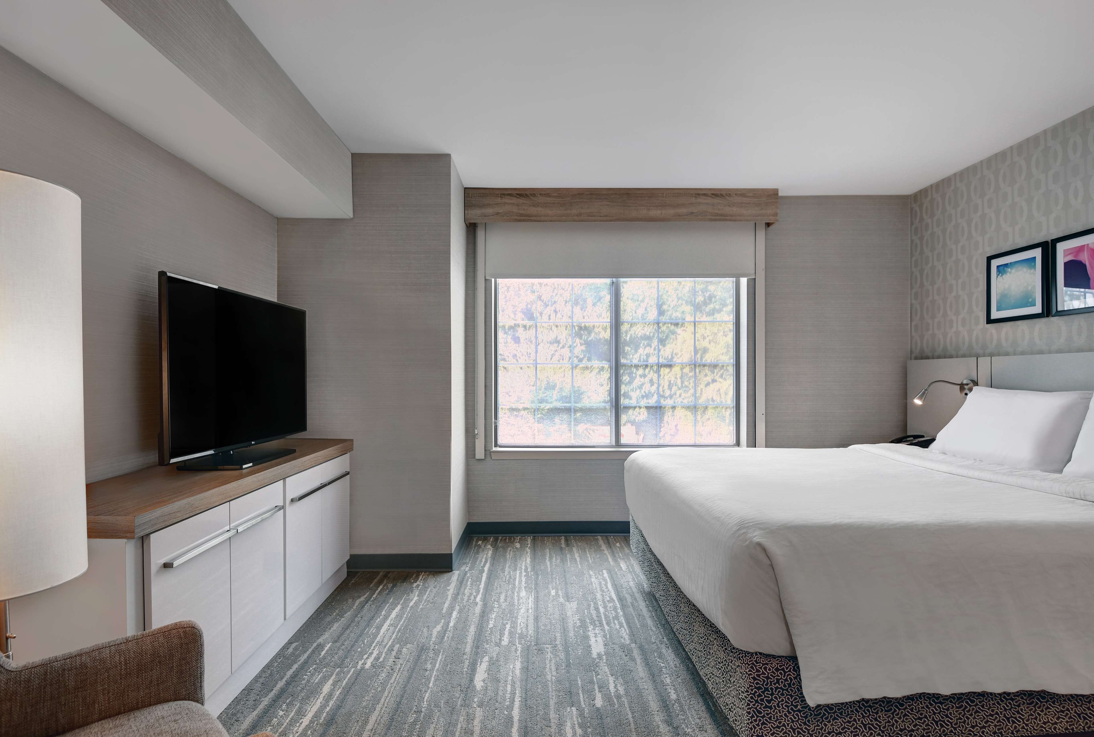 A hotel room with a bed, a television on a wooden console, a window with a view, and a patterned carpet.