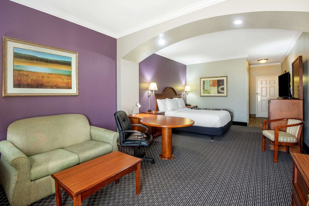 A hotel room with a bed, a sofa, a desk, and a TV.