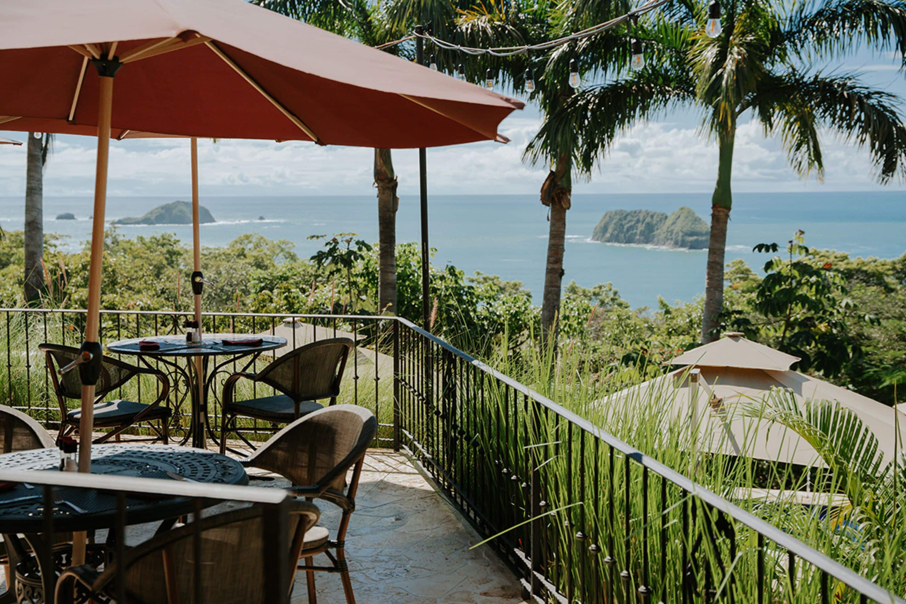 A terrace with tables and chairs, overlooking the ocean and palm trees.