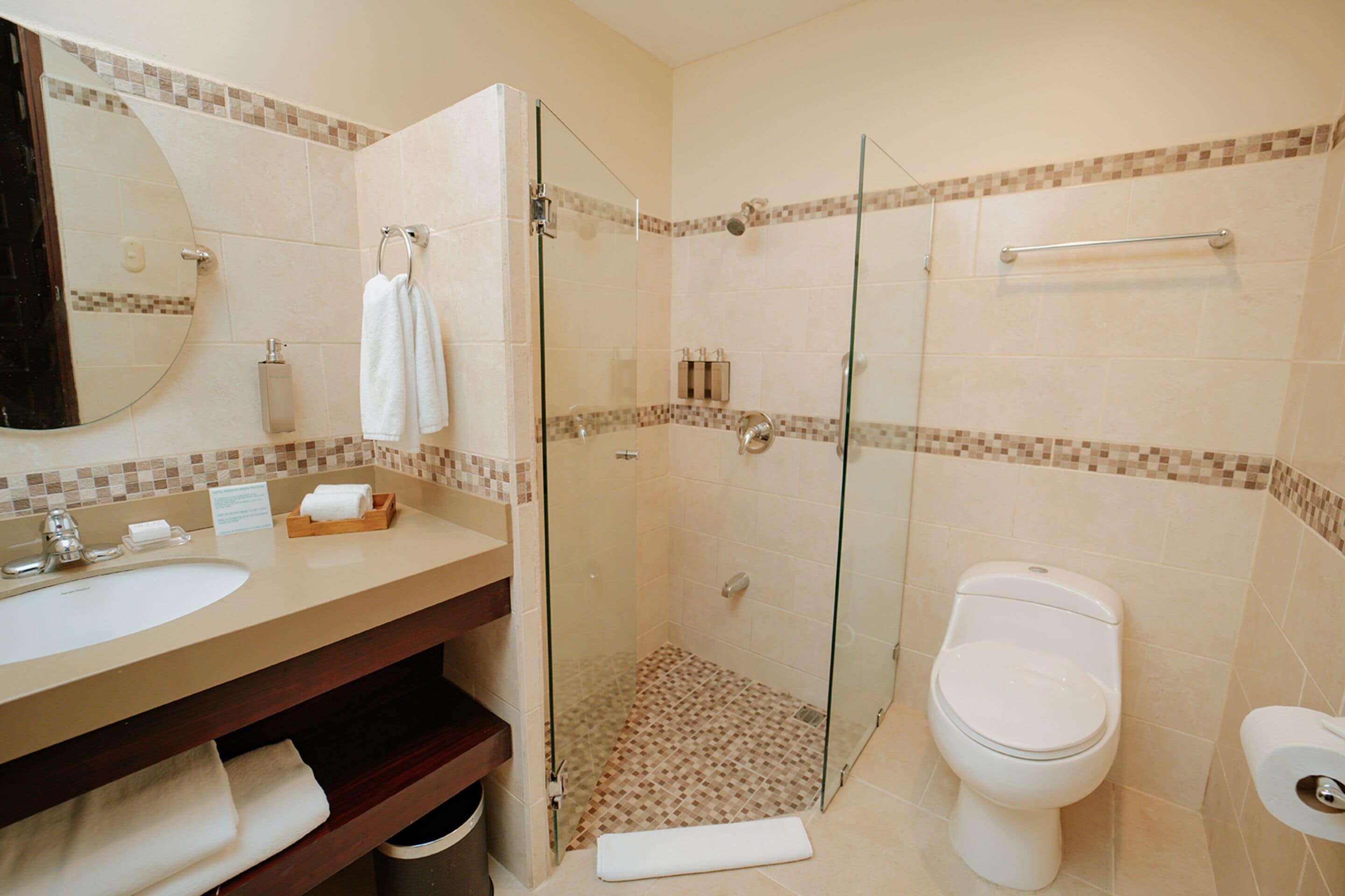 A bathroom with a glass-enclosed shower, a toilet, and a sink with a mirror.