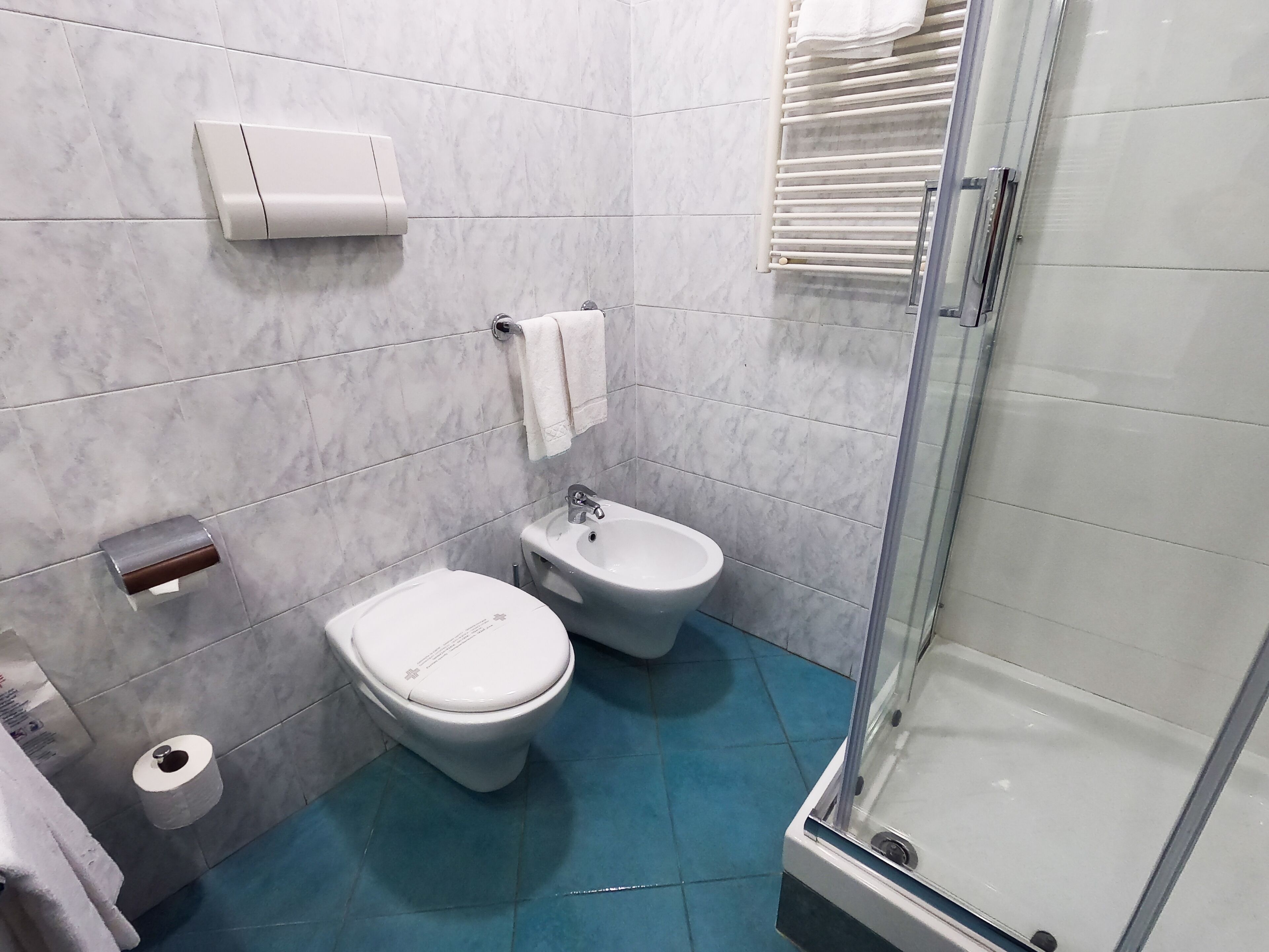 A bathroom with a toilet, bidet, and a glass shower enclosure.