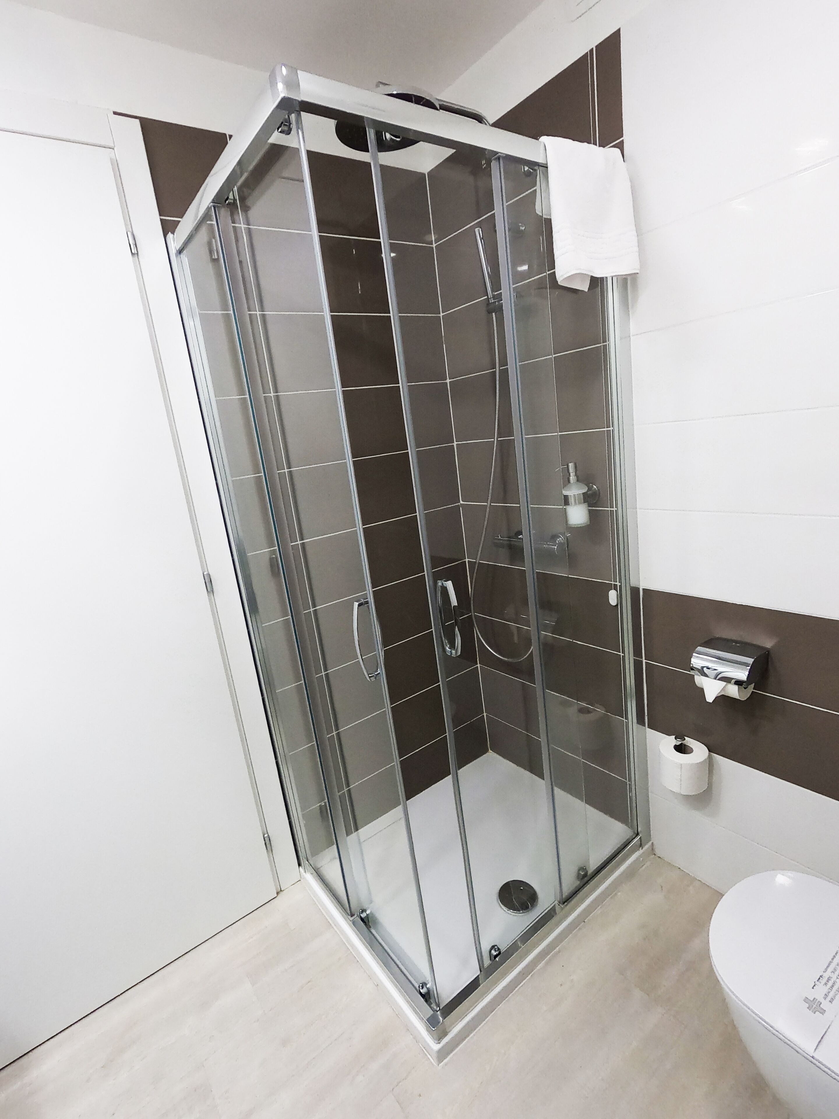 A modern bathroom with a glass-enclosed shower, a toilet, and a towel rack.