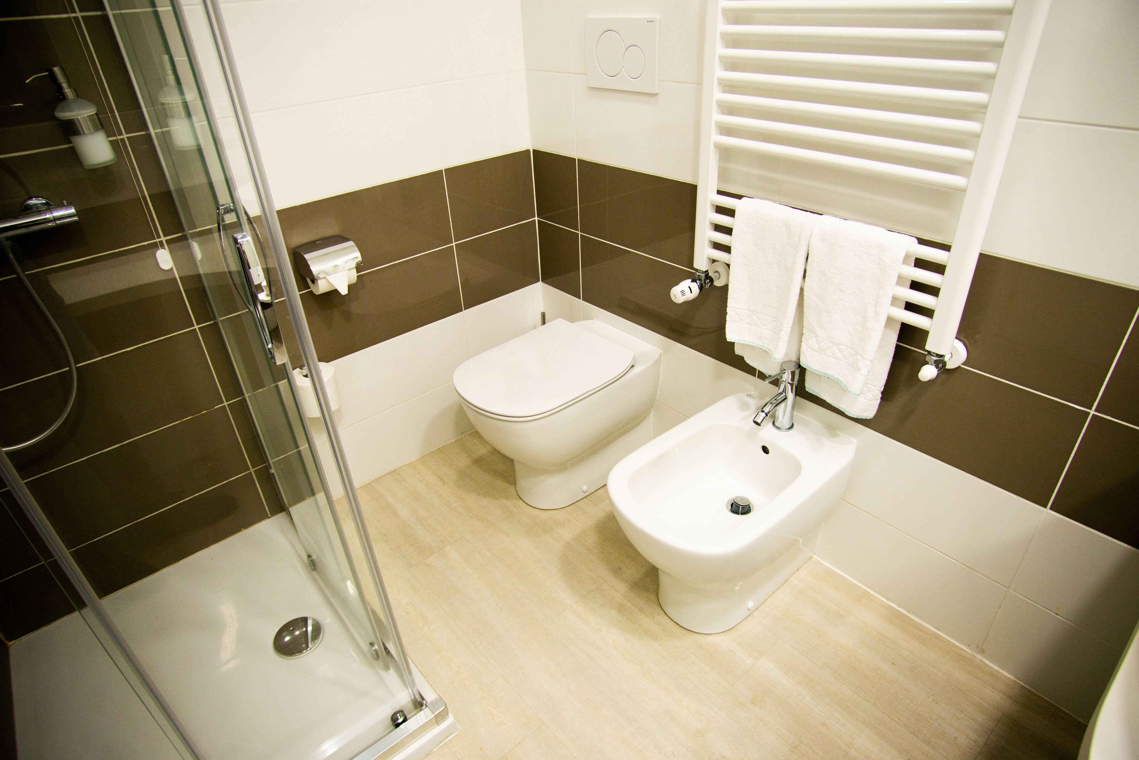 A bathroom with a glass-enclosed shower, a toilet, and a bidet.