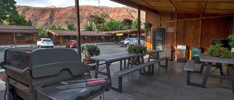 An outdoor patio with picnic tables, a barbecue grill, and a view of red rock mountains.