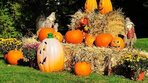 Una exhibición de fardos de heno con calabazas y espantapájaros.